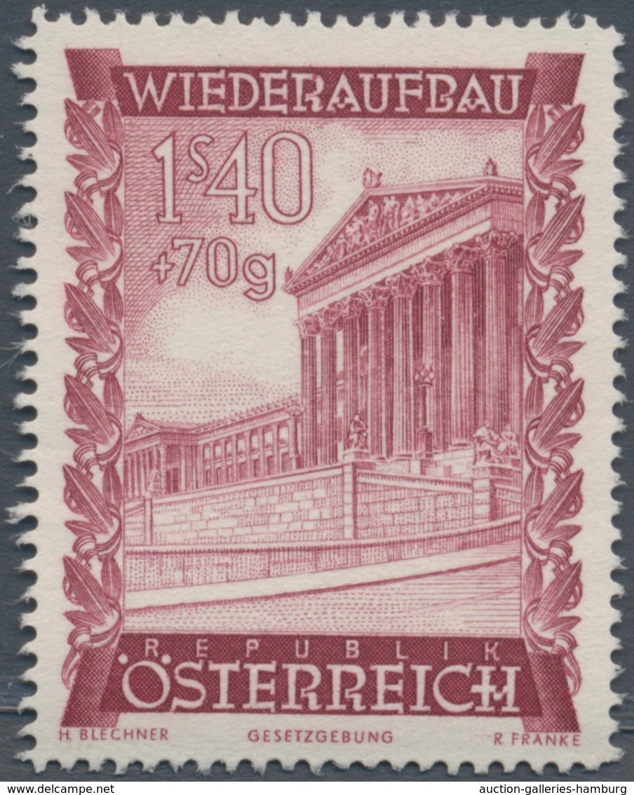 Österreich: 1948, 1.40 Sch. + 70 Gr. "Wiederaufbau", 19 (meist) verschiedene Farbproben in Linienzäh