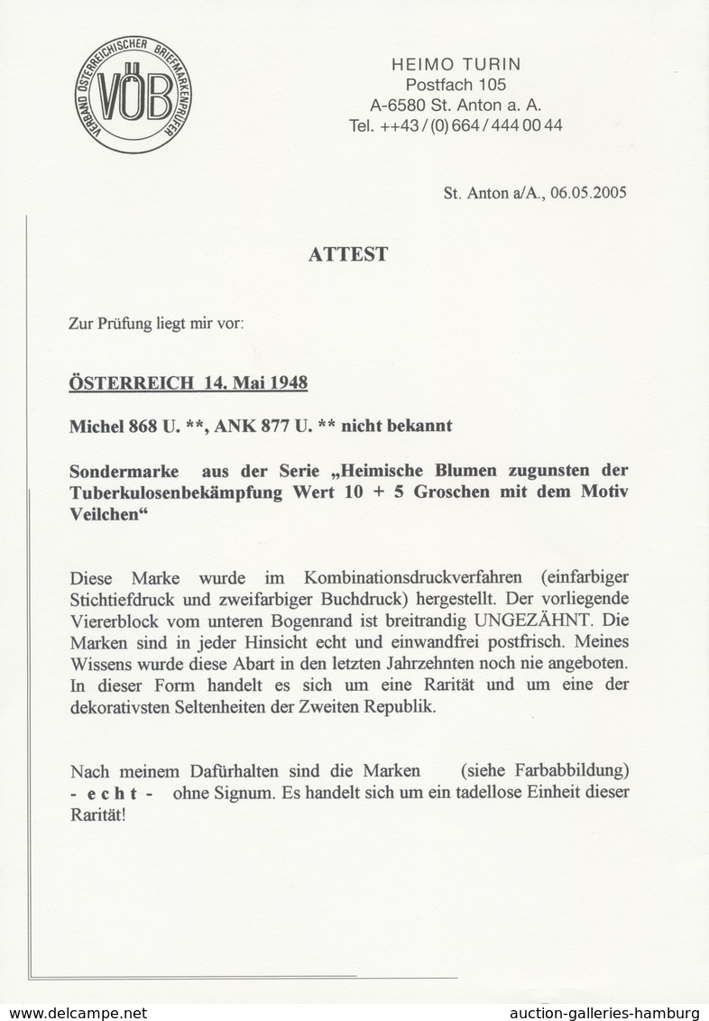 Österreich: 1948. Tuberkulosebekämpfung 10+5 Gr, Als Postfrisches, UNGEZÄHNTES Unterrandstück. FA Tu - Ungebraucht