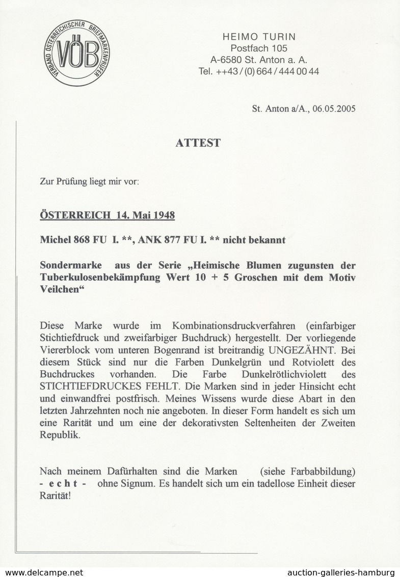 Österreich: 1948. Tuberkulosebekämpfung (Wert Zu 10+5 Gr) "Duftveilchen", Mit Der Abart "Nur Buchdru - Ungebraucht