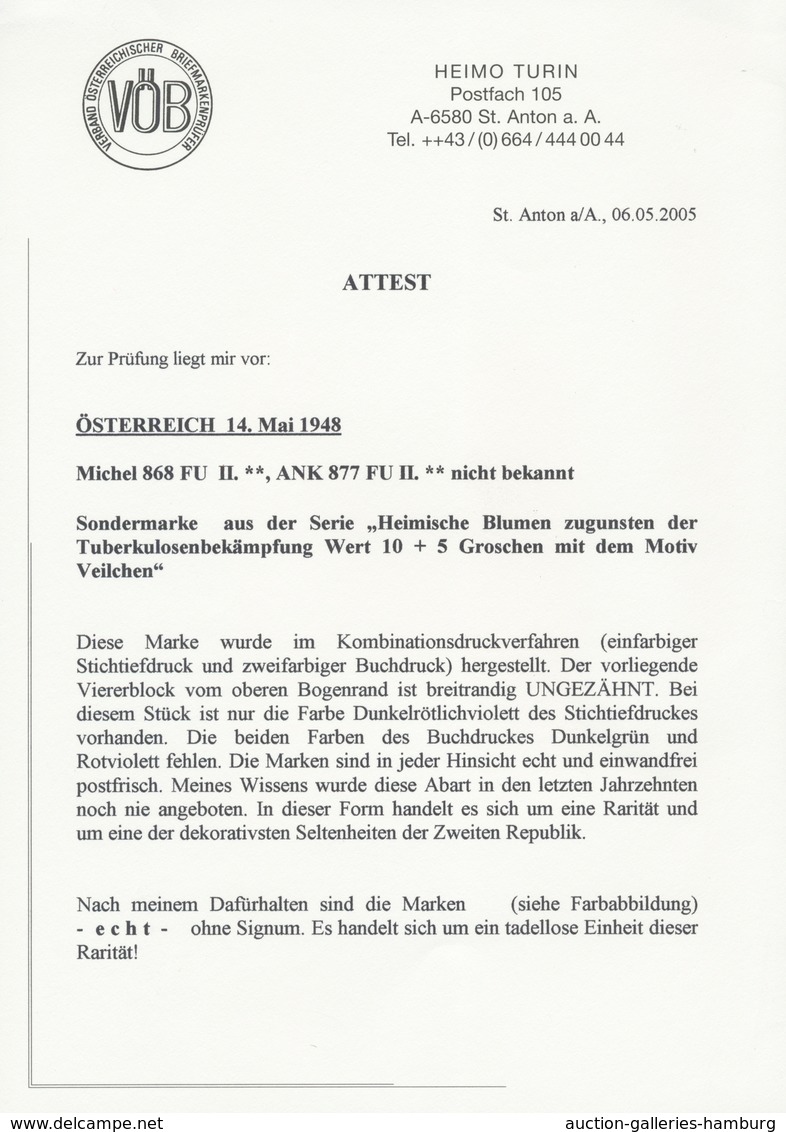 Österreich: 1948. Tuberkulosebekämpfung (Wert Zu 10+5 Gr) "Duftveilchen", Mit Der Abart "Nur Stichti - Ungebraucht