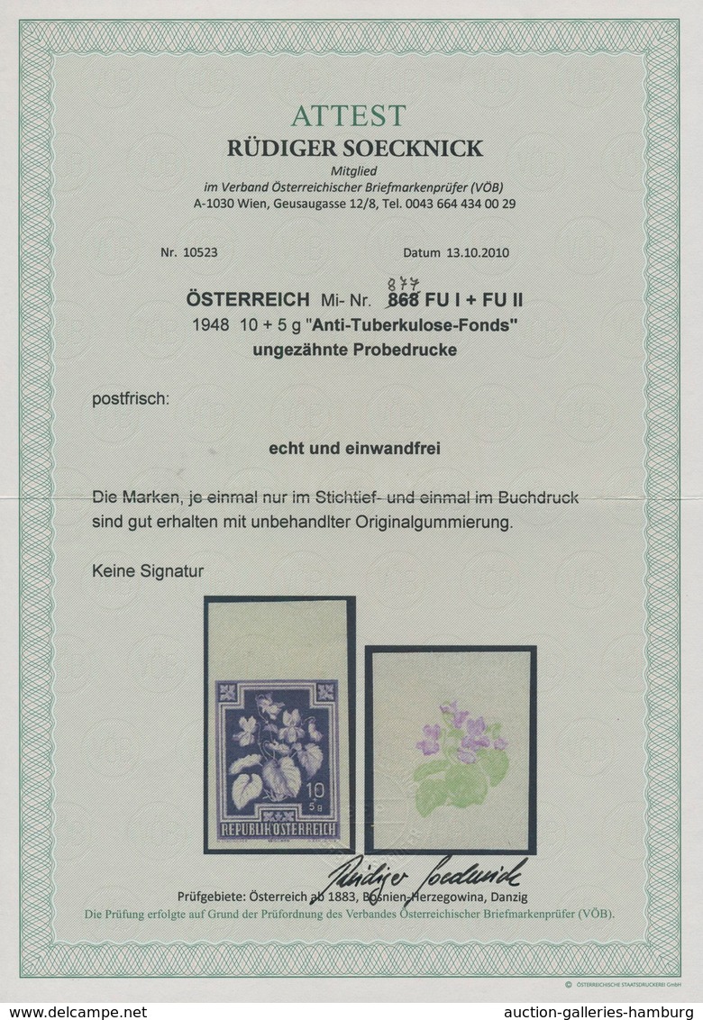 Österreich: 1948, 10 Gr. + 5 Gr. "Viola Odorata", Ungezähnter Einfarbiger Probedruck (nur Stichtiefd - Ungebraucht