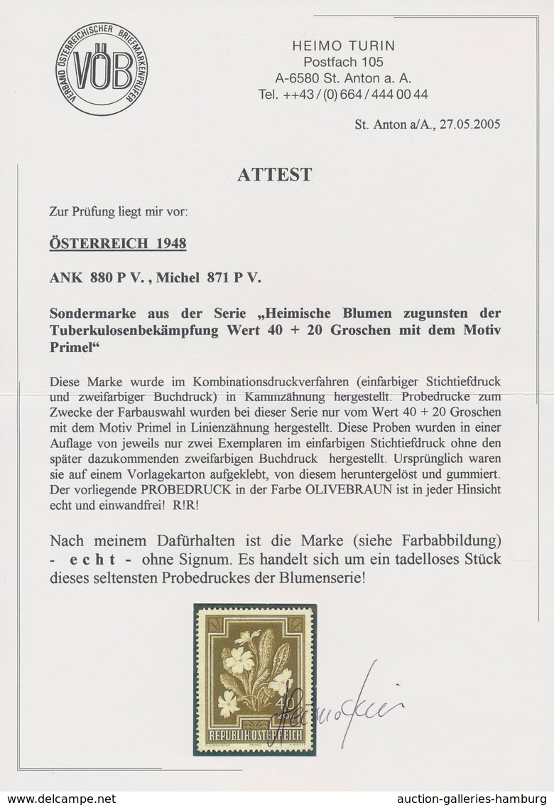 Österreich: 1948, 40 Gr. + 20 Gr. "Primula Vulgaris", Sechs Einfarbige Probedrucke (Stichtiefdruck) - Ungebraucht