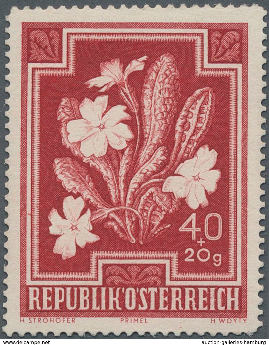 Österreich: 1948, 40 Gr. + 20 Gr. "Primula Vulgaris", sechs einfarbige Probedrucke (Stichtiefdruck)