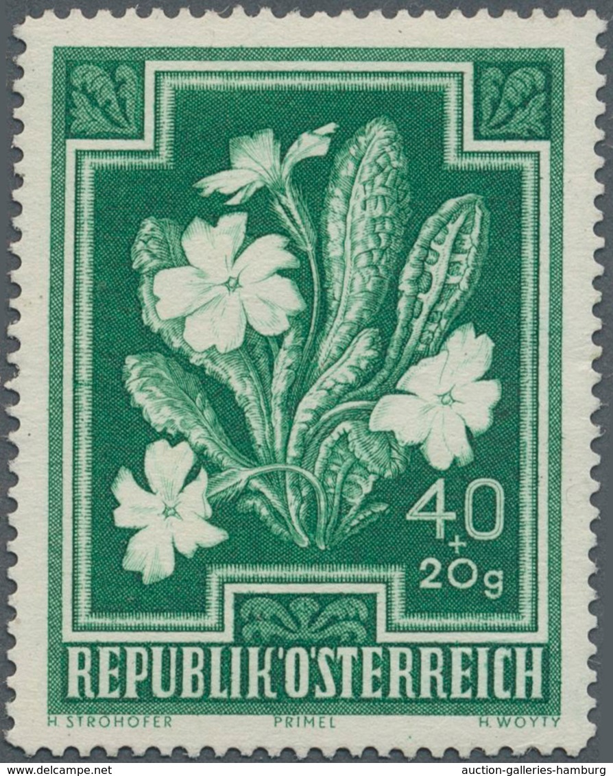 Österreich: 1948, 40 Gr. + 20 Gr. "Primula Vulgaris", sechs einfarbige Probedrucke (Stichtiefdruck)