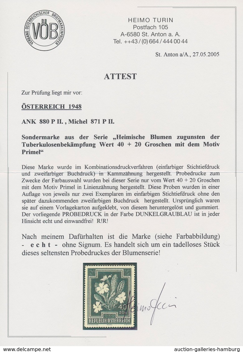 Österreich: 1948, 40 Gr. + 20 Gr. "Primula Vulgaris", sechs einfarbige Probedrucke (Stichtiefdruck)