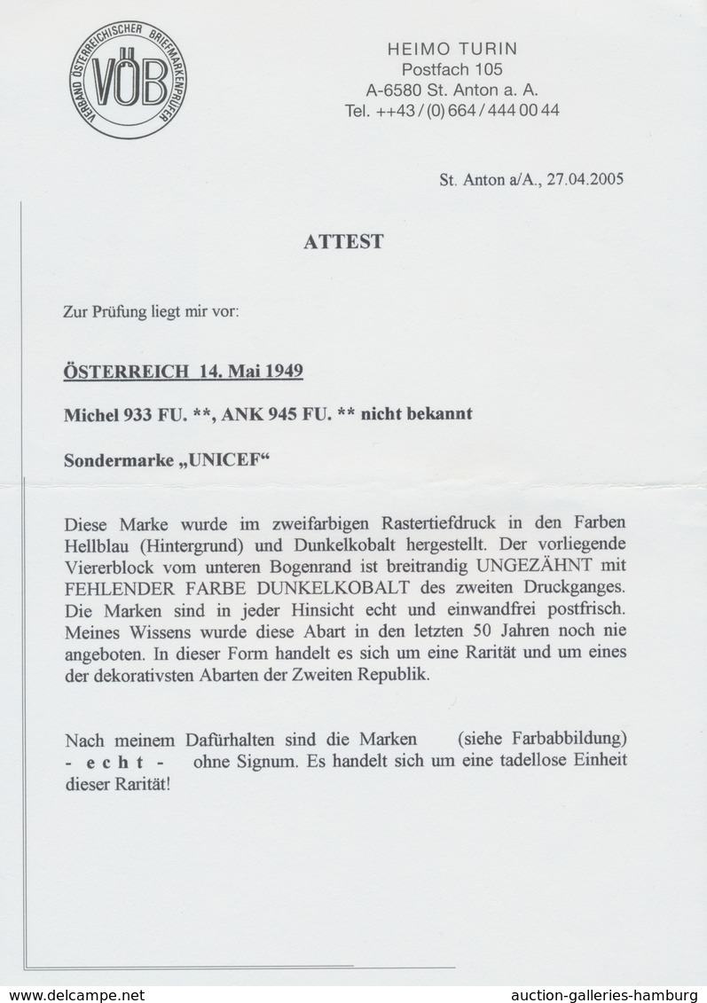 Österreich: 1949, 1 Sch. "Unicef" Im Unterrand-4er-Block Mit Markanter Abart "Farbe Dunkelkobalt Feh - Neufs