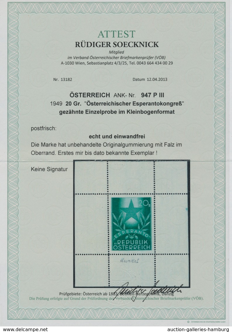 Österreich: 1949, 20 Gr. "Esperanto", Gezähnte Farbprobe Als Einzelabzug In Kleinbogenformat Auf Gum - Ungebraucht