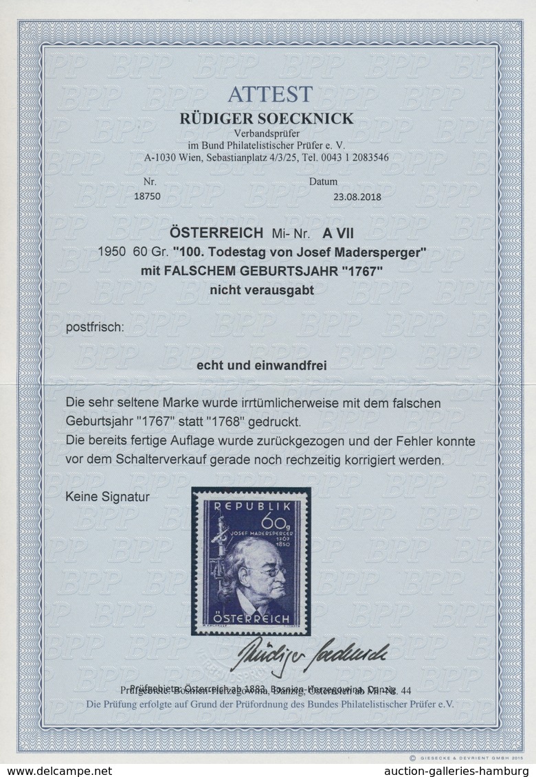 Österreich: 1950, 60 G Madersperger Mit Falschem Geburtsjahr "1767", Postfrisches Luxusstück Dieser - Ungebraucht