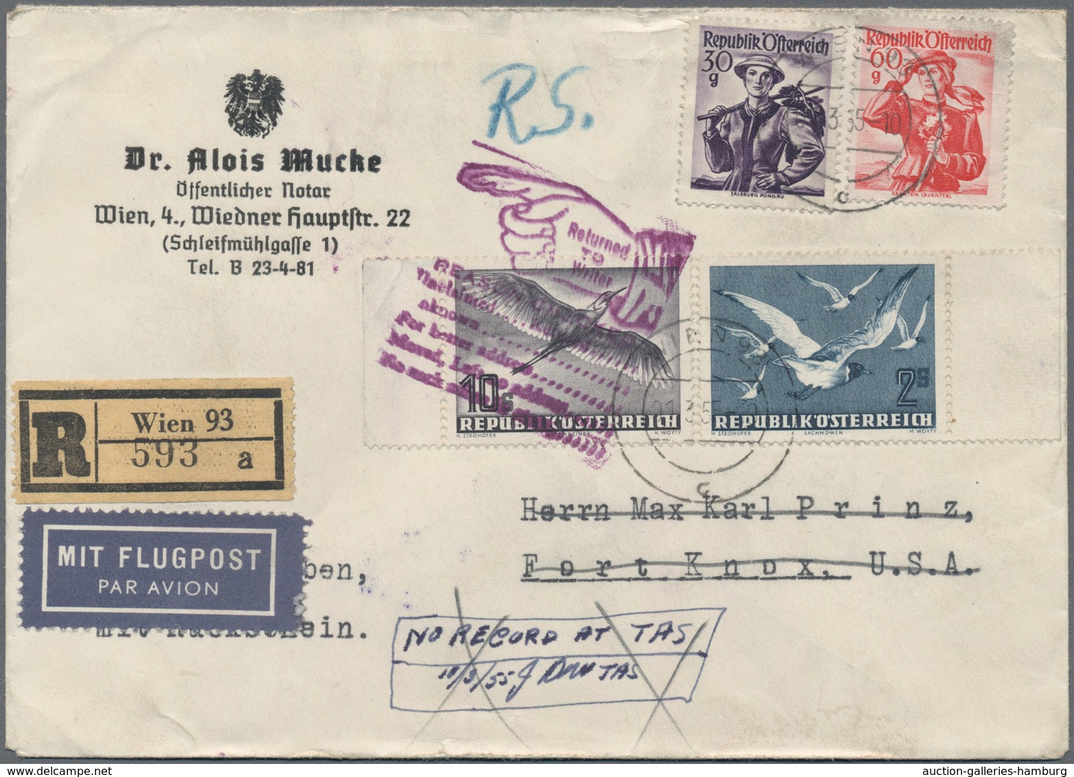 Österreich: 1955, Flugpost Vögel 10 Sch. Und 2 Sch. Mit Beifrankatur Trachten Auf Notar-R-Luftpostbr - Ungebraucht