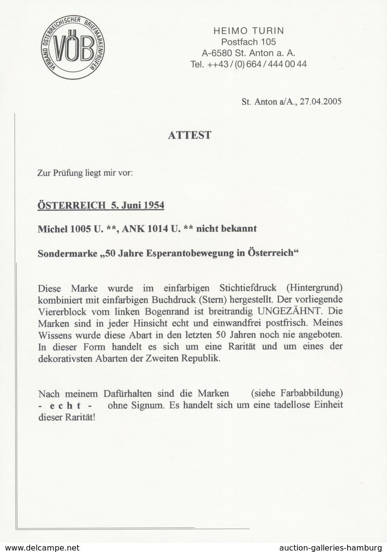Österreich: 1954. Esperantobewegung In Österreich, 50 Jahre, Mit Der Abart "Ungezähnt" Im Postfrisch - Ungebraucht