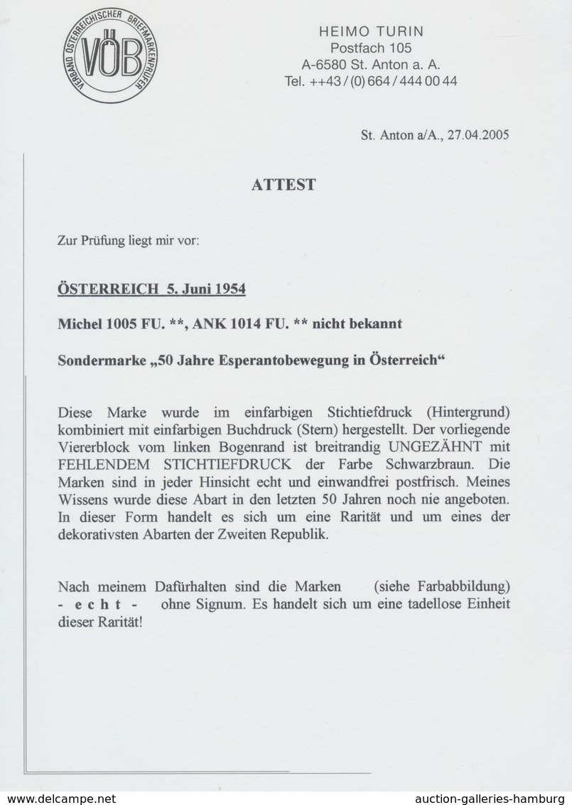 Österreich: 1954, 1 Sch. Esperanto, 4er-Block Nur Mit Druck Des Grünen Sterns (=fehlender Stichtiefd - Ungebraucht