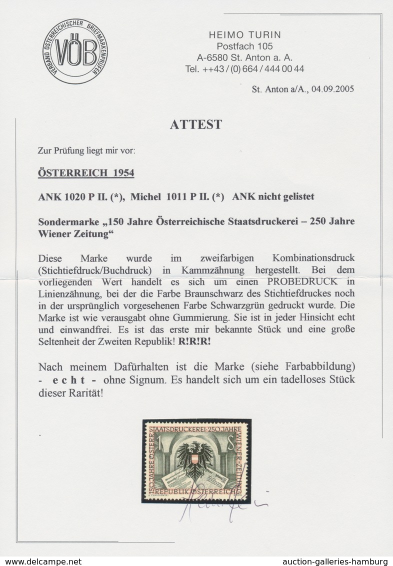 Österreich: 1954, 1 Sch. "Staatsdruckerei", Farbprobe In Schwarzgrün Statt Braunschwarz, In Linienzä - Ungebraucht
