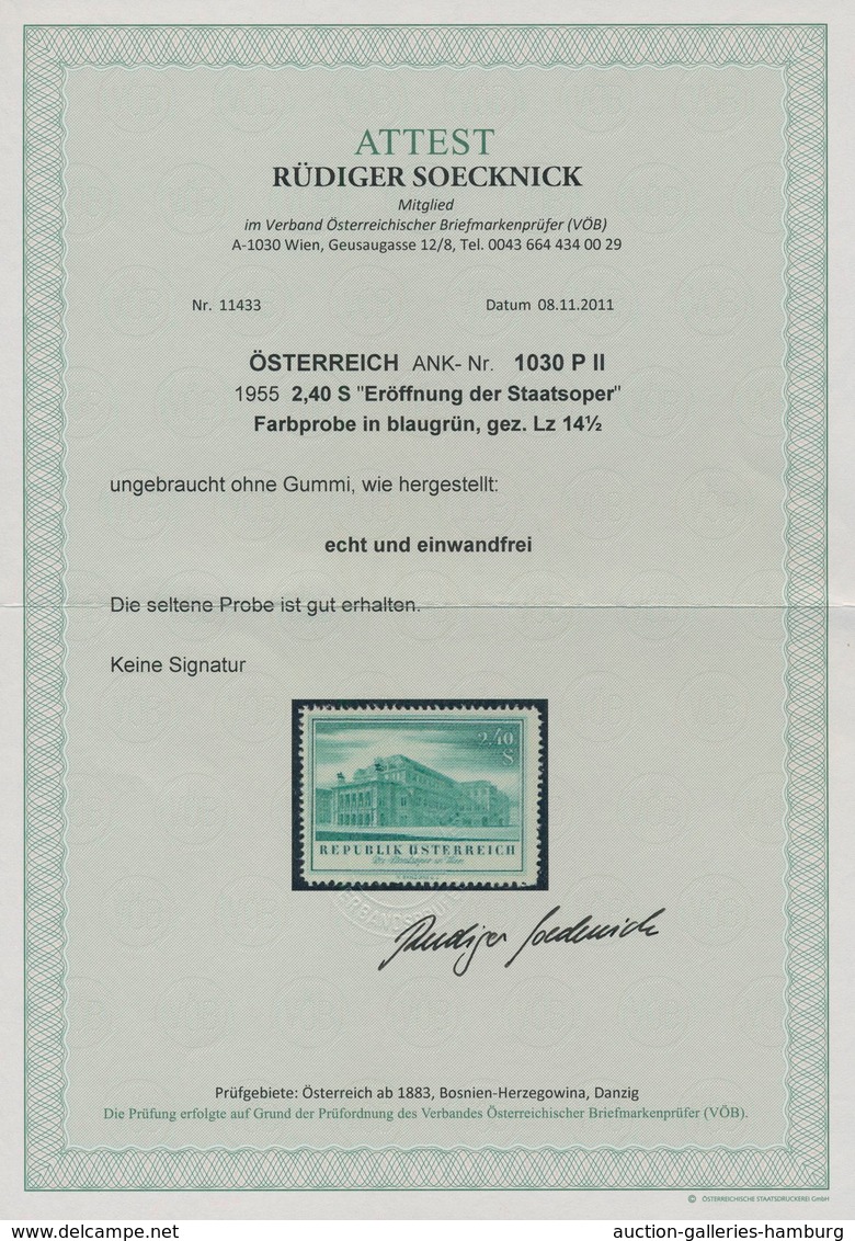 Österreich: 1955, 2.40 Sch. "Staatsoper", Farbprobe In Blaugrün Auf Ungummiertem Papier, Unsigniert. - Ungebraucht