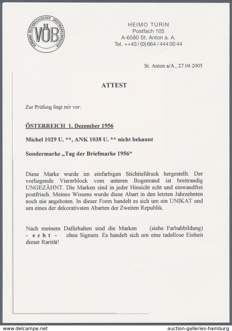 Österreich: 1956. Tag Der Briefmarke, Mit Der Abart "Ungezähnt" Im Postfrischen Unterrand-4er-Block. - Ungebraucht