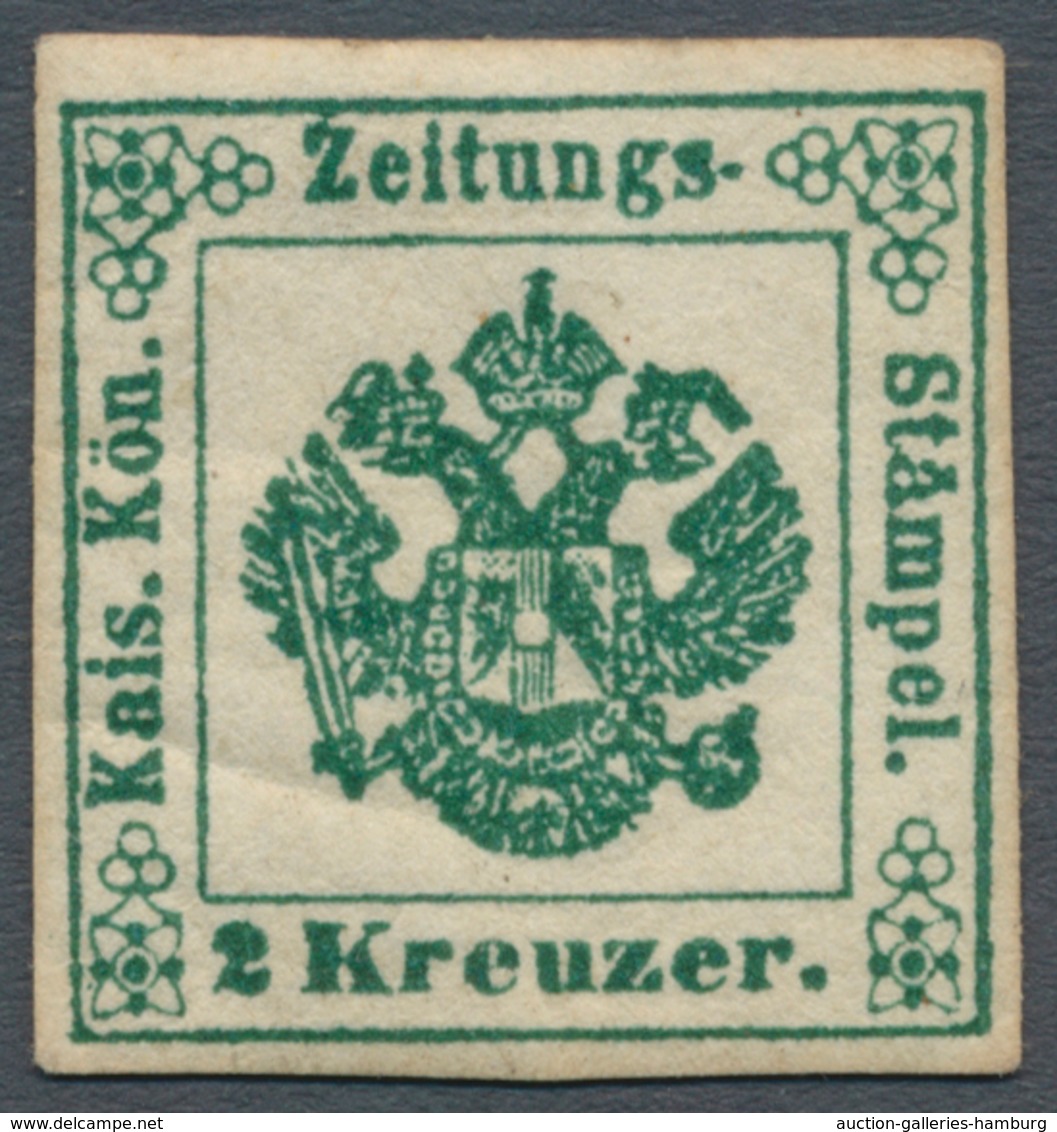 Österreich - Zeitungsstempelmarken: 1853, 2 Kreuzer Tiefgrün, Type I B, Dreiseits Voll-, Oben Breitr - Zeitungsmarken