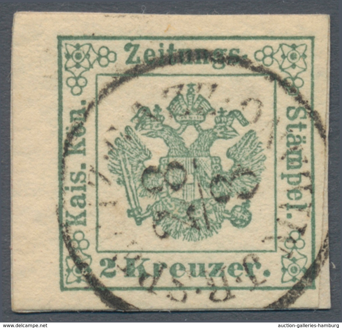 Österreich - Zeitungsstempelmarken: 1853, 2 Kreuzer Mittelgrün, Type I A, Allseits Voll- Bis überran - Zeitungsmarken