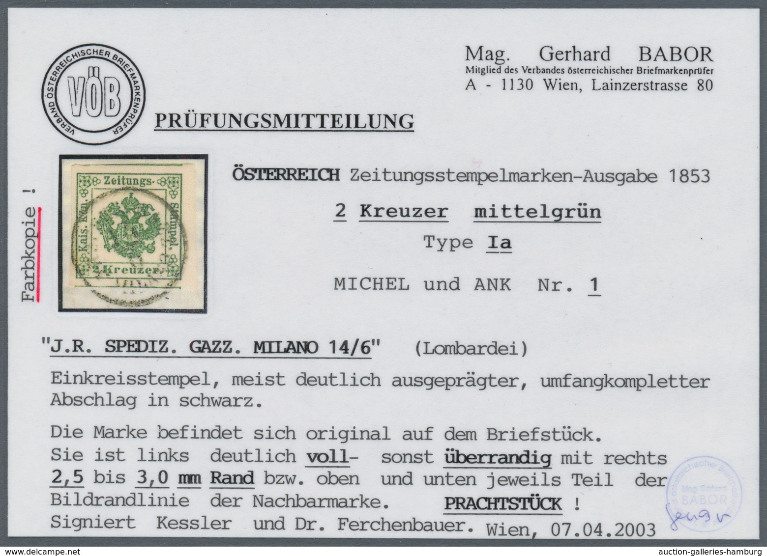 Österreich - Zeitungsstempelmarken: 1853, 2 Kreuzer Mittelgrün, Type I A, Allseits Voll- Bis überran - Journaux