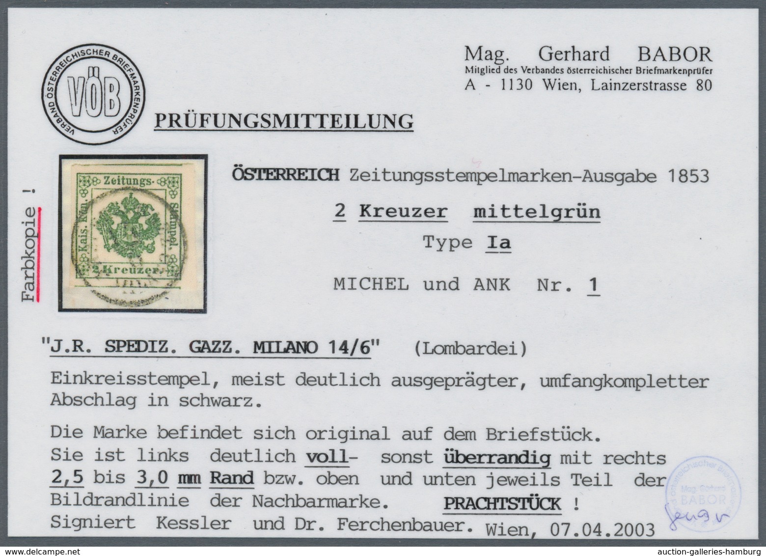 Österreich - Zeitungsstempelmarken: 1853, 2 Kreuzer Mittelgrün, Type I A, Allseits Voll- Bis überran - Newspapers