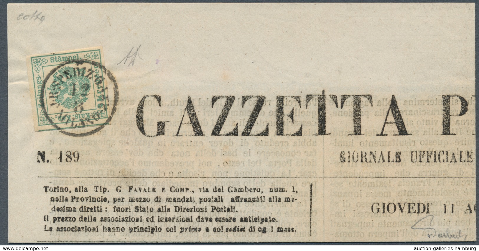 Österreich - Zeitungsstempelmarken: 1853, 2 Kreuzer Blaugrün, Type I A, Allseits Breit- Bis überrand - Dagbladen