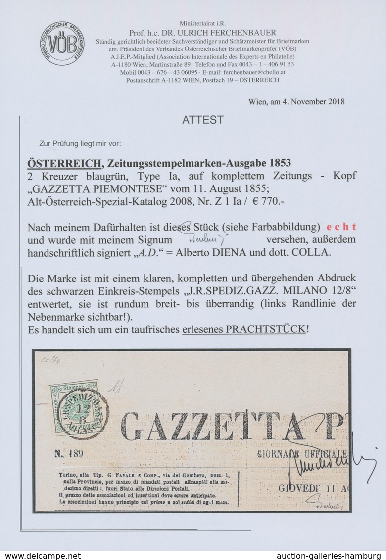 Österreich - Zeitungsstempelmarken: 1853, 2 Kreuzer Blaugrün, Type I A, Allseits Breit- Bis überrand - Zeitungsmarken