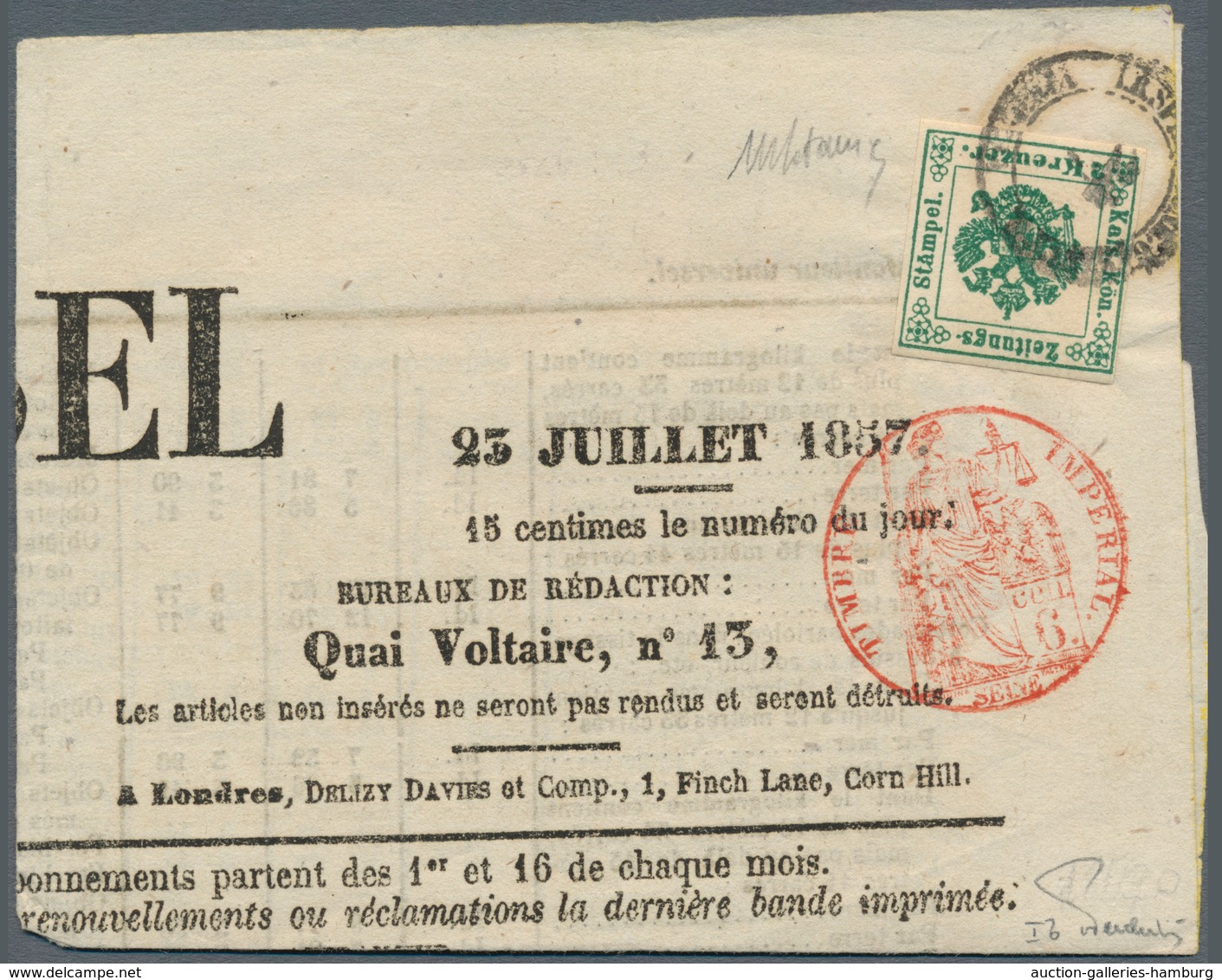 Österreich - Zeitungsstempelmarken: 1853, 2 Kreuzer Tiefgrün, Type I B, Links Oben Schmal-, Sonst Al - Periódicos