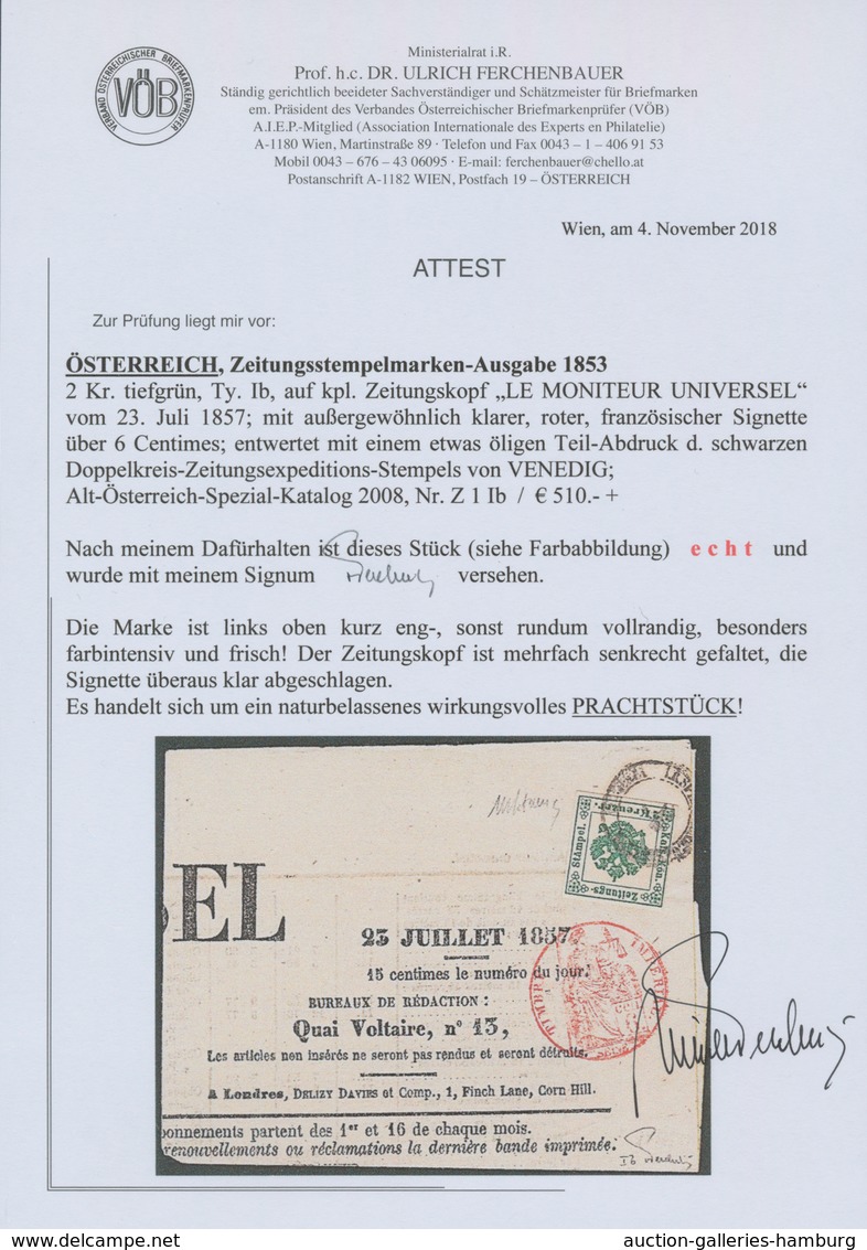 Österreich - Zeitungsstempelmarken: 1853, 2 Kreuzer Tiefgrün, Type I B, Links Oben Schmal-, Sonst Al - Journaux