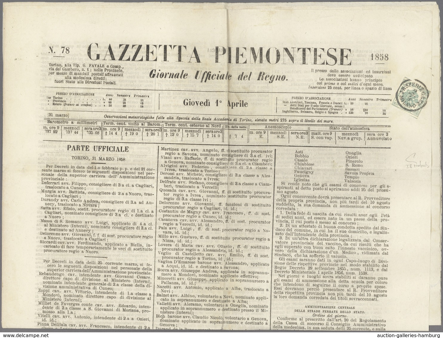 Österreich - Zeitungsstempelmarken: 1853, 2 Kreuzer Blaugrün, Type I B, Allseits Knappvoll- Bis über - Zeitungsmarken