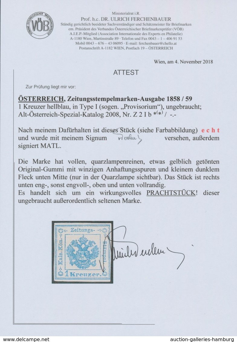 Österreich - Zeitungsstempelmarken: 1859, 1 Kreuzer Hellblau, Type I (sogenanntes "Provisorium"), Re - Zeitungsmarken