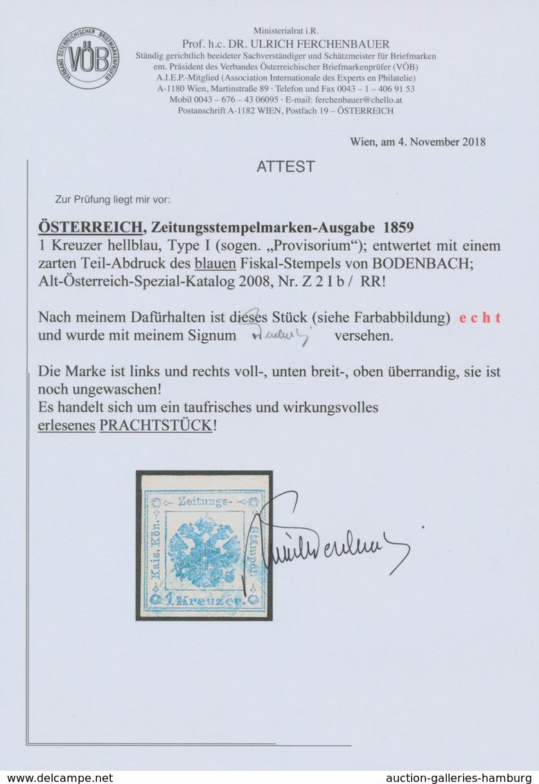 Österreich - Zeitungsstempelmarken: 1859, 1 Kreuzer Hellblau, Type I (sogenanntes "Provisorium"), Al - Zeitungsmarken