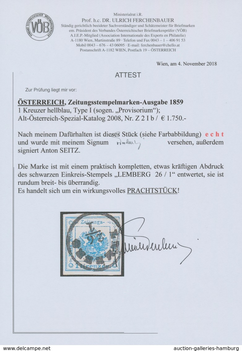Österreich - Zeitungsstempelmarken: 1859, 1 Kreuzer Hellblau, Type I (sogenanntes "Provisorium"), Al - Journaux