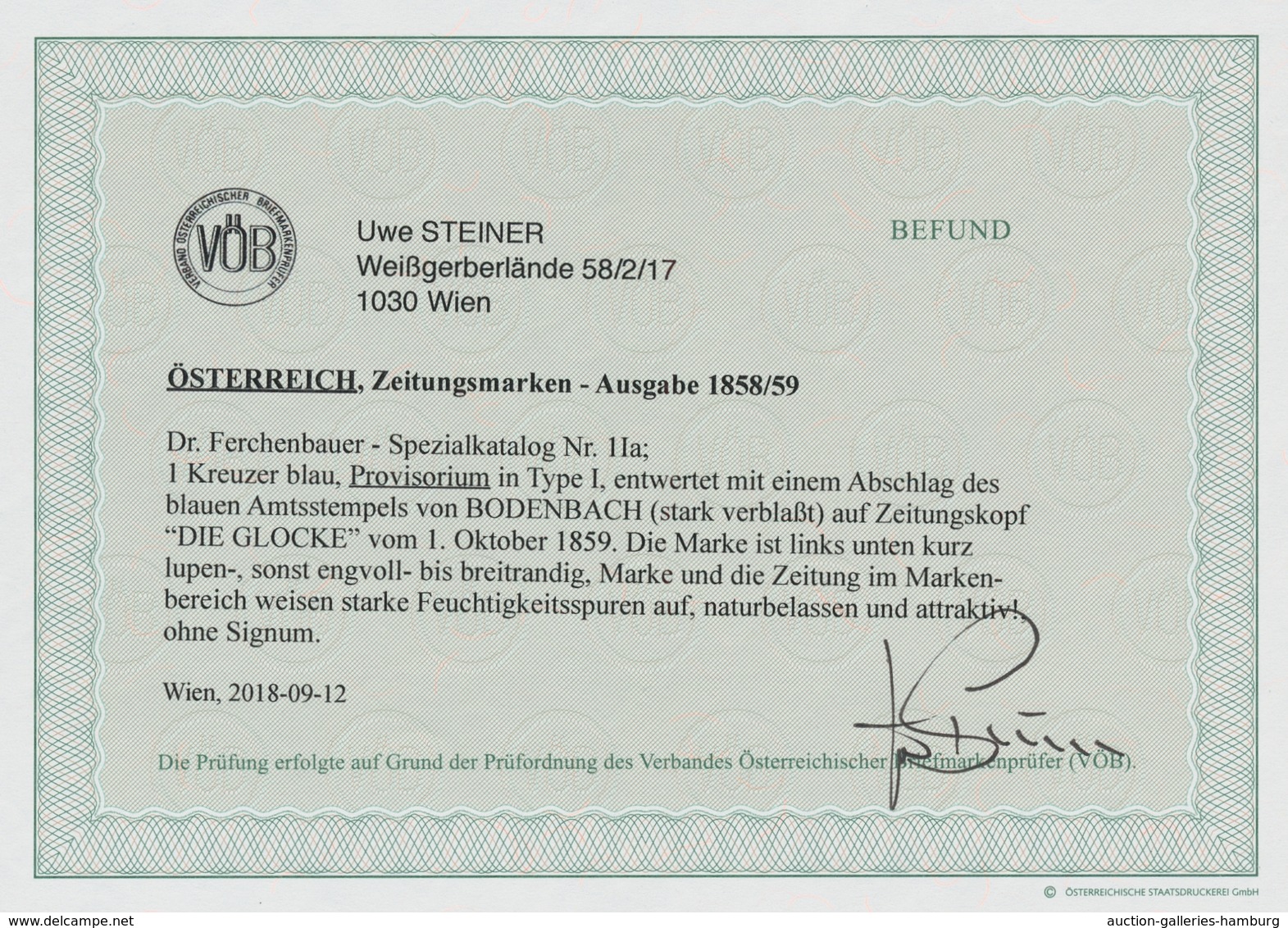 Österreich - Zeitungsstempelmarken: 1858/59, "1 Kr. Blau", Farbfrischer Wert Mit Vollen/breiten (!) - Journaux