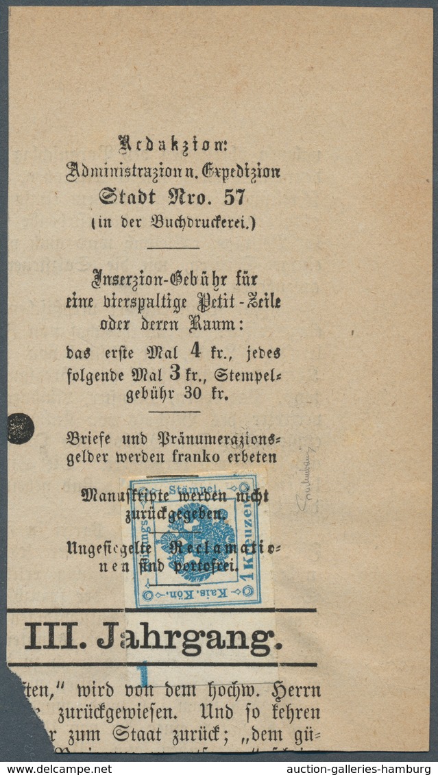 Österreich - Zeitungsstempelmarken: 1858/1859, 1 Kreuzer Blau, Type II A, Linkes Randstück (13 Mm) M - Periódicos