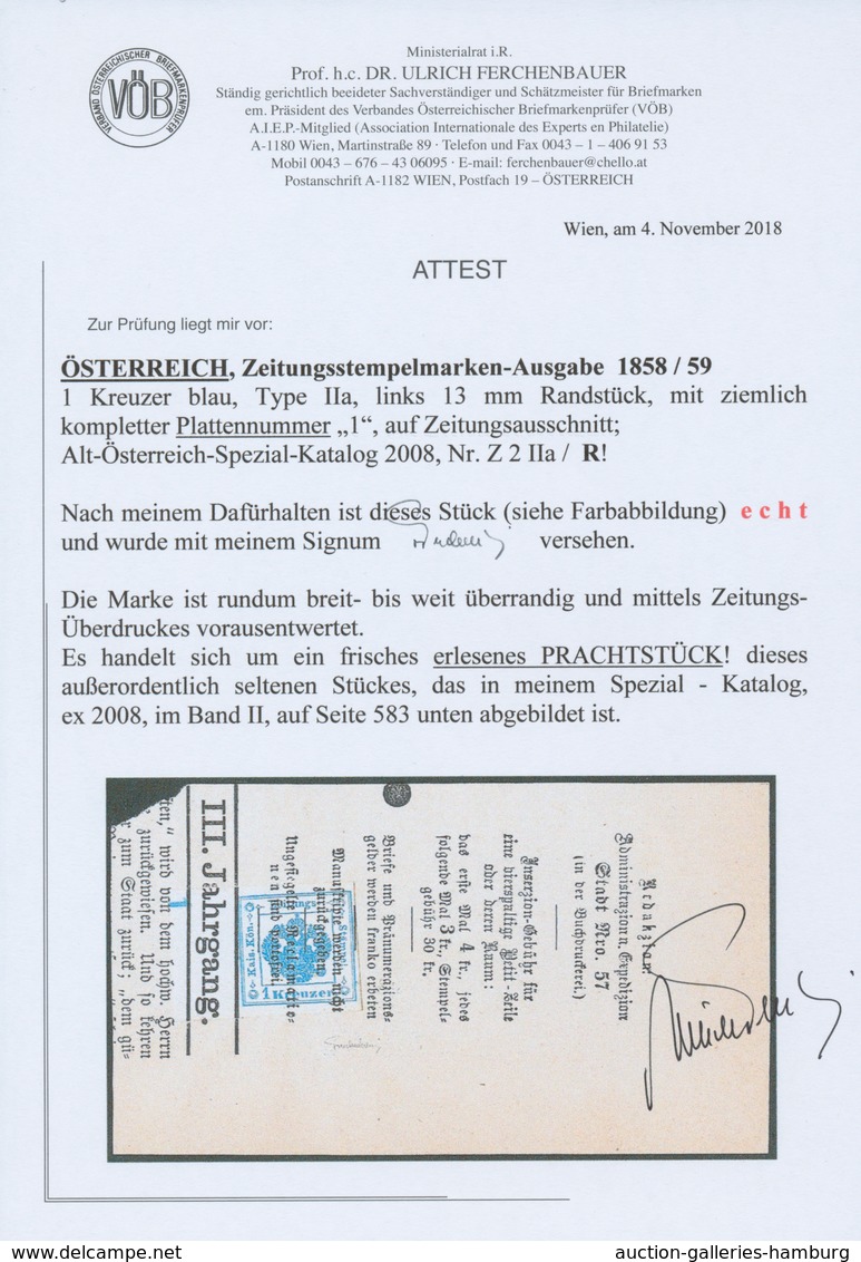 Österreich - Zeitungsstempelmarken: 1858/1859, 1 Kreuzer Blau, Type II A, Linkes Randstück (13 Mm) M - Periódicos