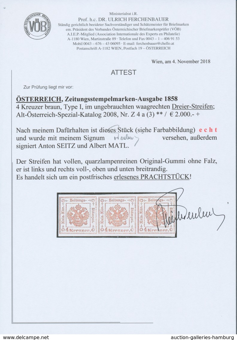 Österreich - Zeitungsstempelmarken: 1858, 4 Kreuzer Hellbraun, Waagerechter Dreierstreifen, Links Un - Zeitungsmarken