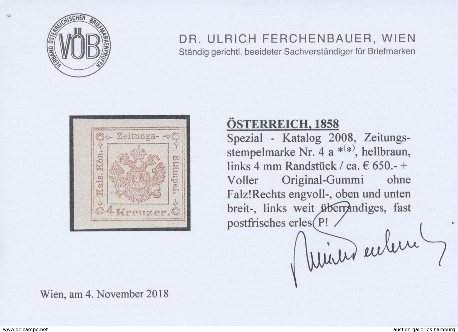 Österreich - Zeitungsstempelmarken: 1858, 4 Kreuzer Hellbraun, Oben Und Unten Breitrandig, Rechts En - Dagbladen