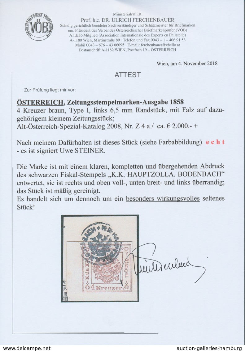 Österreich - Zeitungsstempelmarken: 1858, 4 Kreuzer Braun, Type I, Linkes Randstück (6,5 Mm), Sonst - Periódicos
