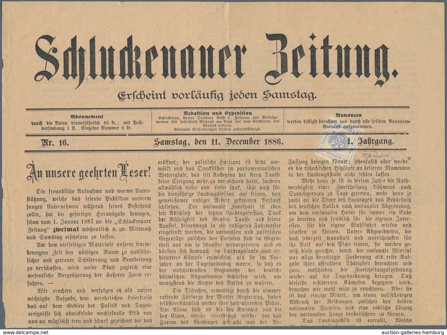 Österreich - Zeitungsstempelmarken: 1877, 1 Kreuzer Ultramarin, Type I, Links Und Rechts Breitrandig - Zeitungsmarken