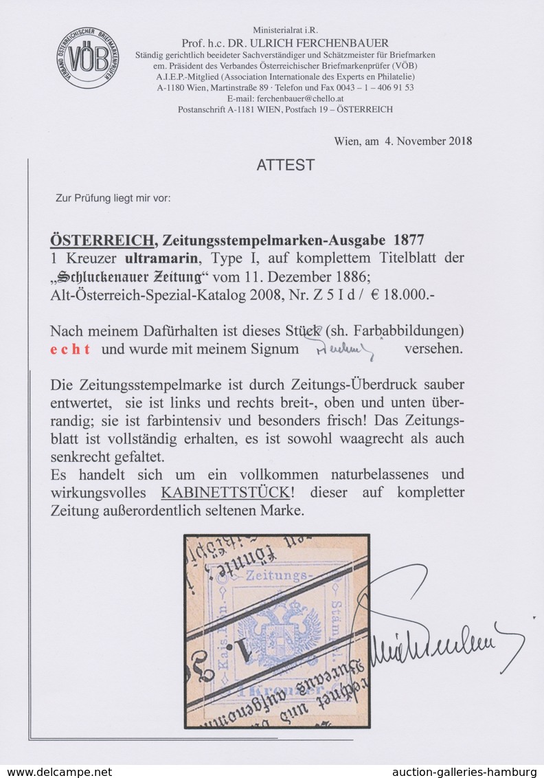 Österreich - Zeitungsstempelmarken: 1877, 1 Kreuzer Ultramarin, Type I, Links Und Rechts Breitrandig - Zeitungsmarken