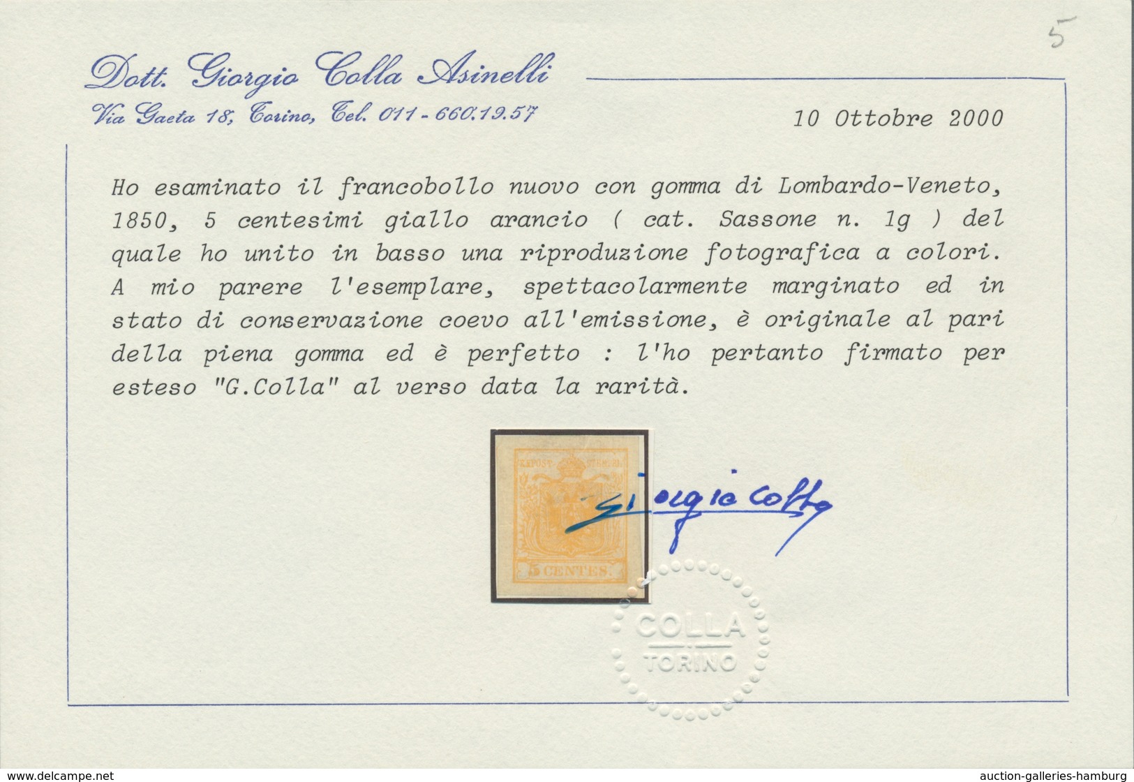 Österreich - Lombardei Und Venetien: 1850, 5 C Orange, Ungebrauchtes Ausnahme-Exemplar Mit Vollem Or - Lombardije-Venetië