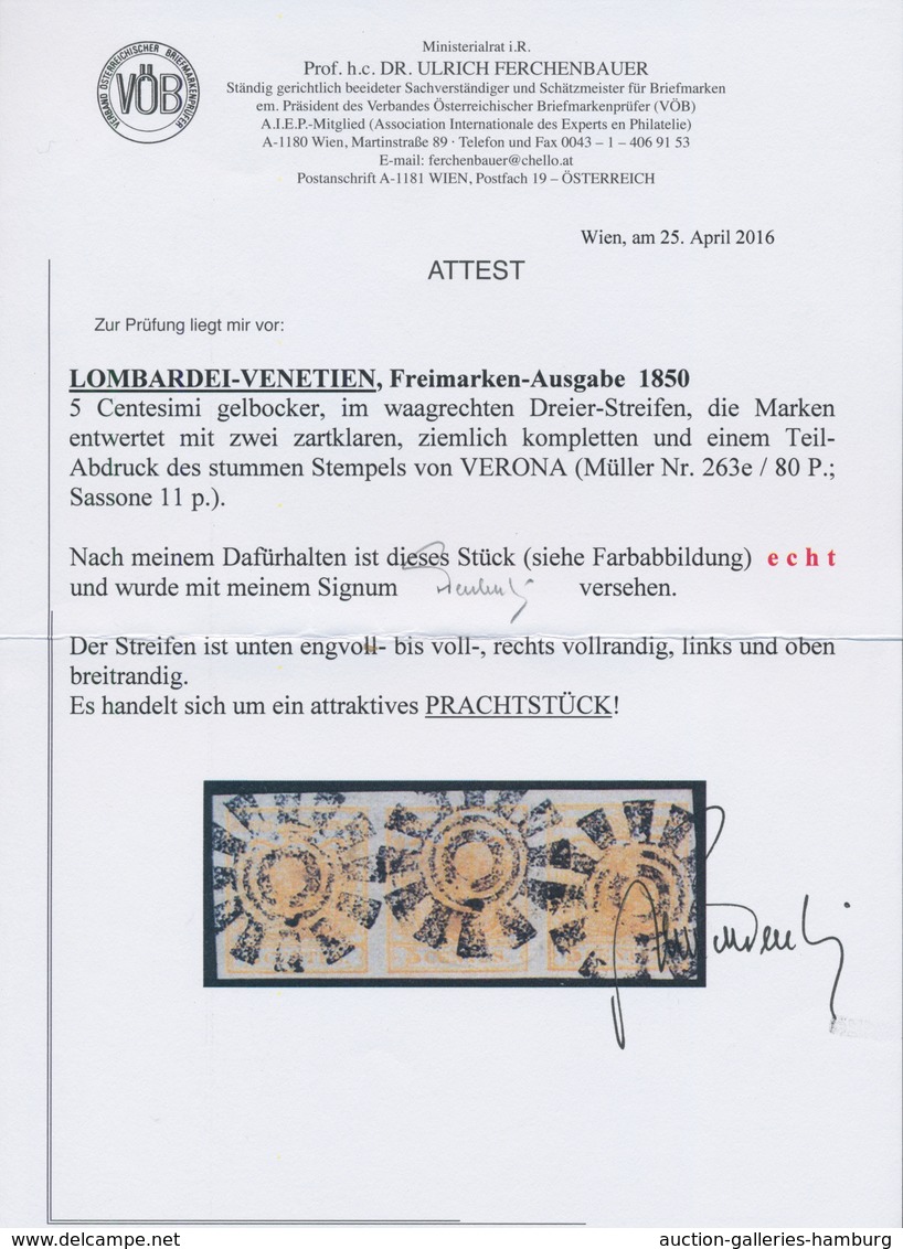 Österreich - Lombardei Und Venetien: 1850, 5 C Gelbocker Im Waagerechten Pracht-Dreierstreifen Mit J - Lombardije-Venetië