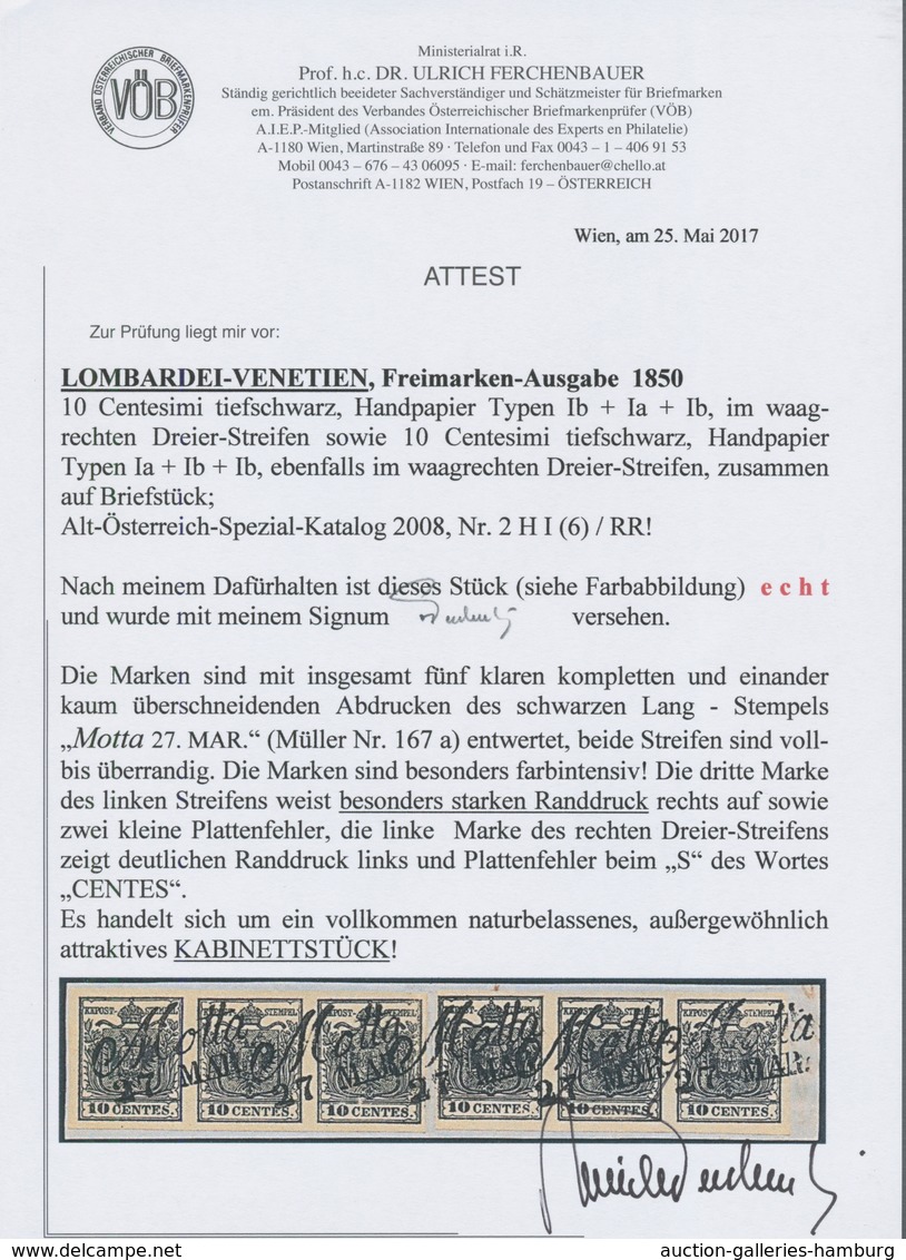 Österreich - Lombardei Und Venetien: 1850, 10 C Tiefschwarz Auf Maschinenpapier, 2 Waagerechte Dreie - Lombardo-Venetien