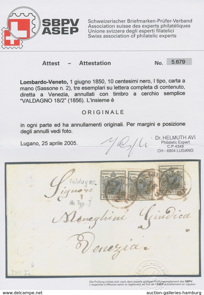 Österreich - Lombardei Und Venetien: 1850, "10 C. Handpapier", Drei Werte Als MeF Auf Schönem Faltbr - Lombardo-Venetien