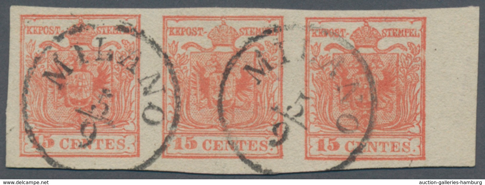 Österreich - Lombardei Und Venetien: 1850, 15 C. Rot Im Waagerechten 3er-Streifen Vom Rechten Bogenr - Lombardo-Vénétie