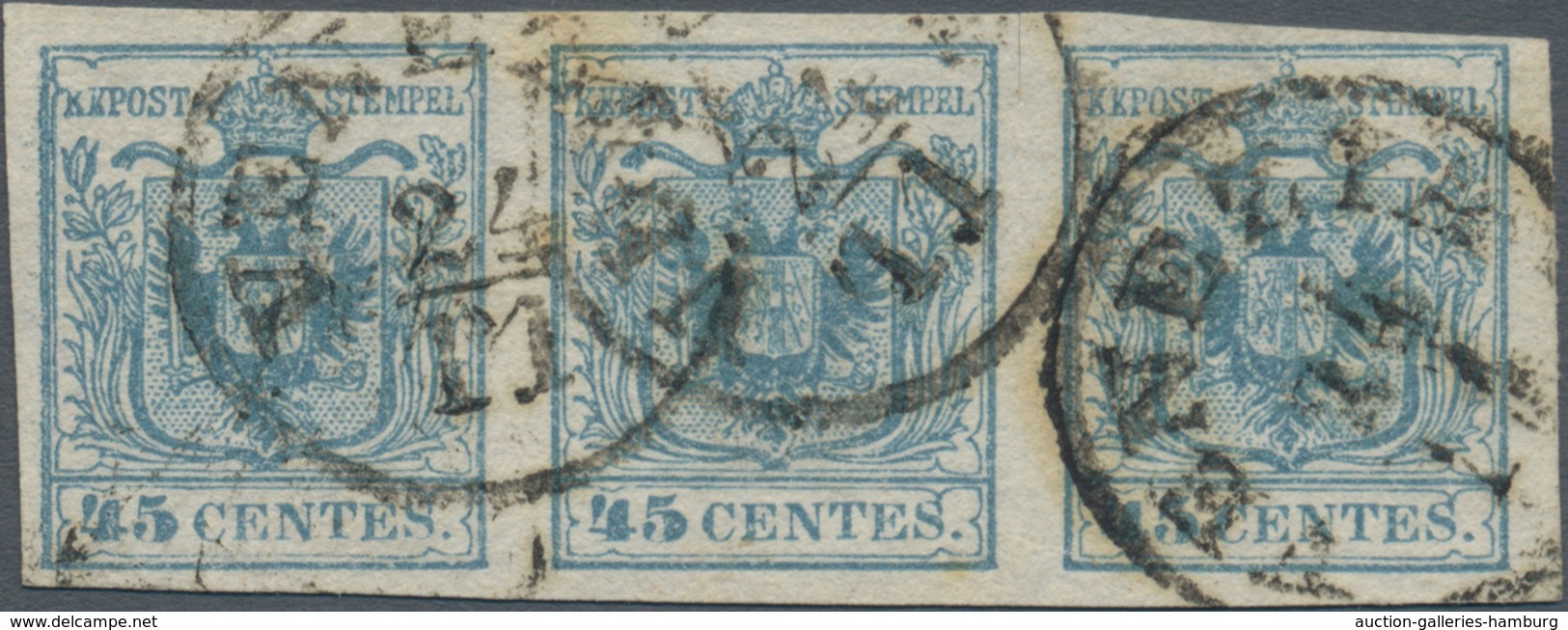 Österreich - Lombardei Und Venetien: 1850, 45 C Blau Type II Im Waager. 3er-Streifen Entwertet Mit K - Lombardo-Vénétie