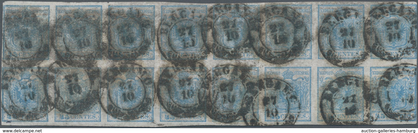 Österreich - Lombardei Und Venetien: 1850, 45 C. Blau, Handpapier, WAAGERECHTER 16ER-BLOCK, Rechts E - Lombardo-Vénétie