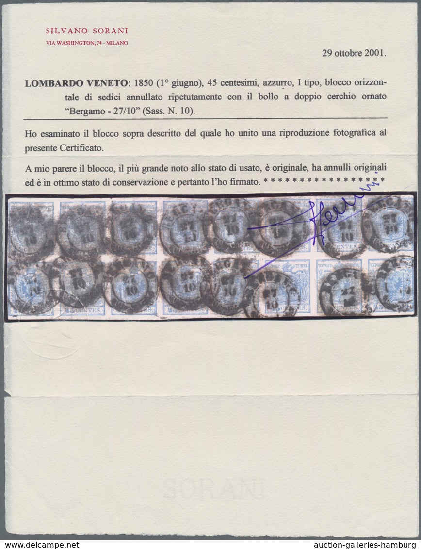 Österreich - Lombardei Und Venetien: 1850, 45 C. Blau, Handpapier, WAAGERECHTER 16ER-BLOCK, Rechts E - Lombardo-Venetien