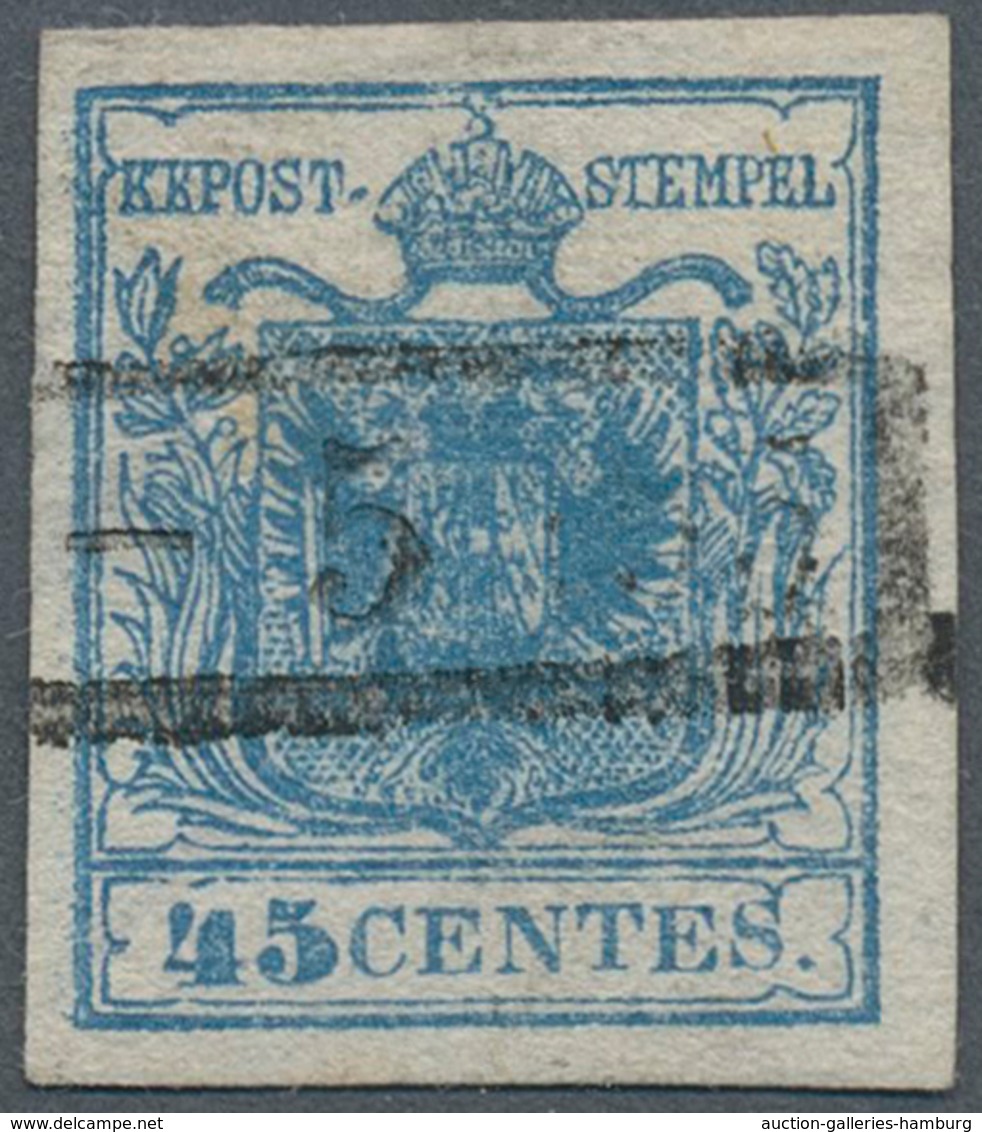 Österreich - Lombardei Und Venetien: 1851, 45 C Blau, Senkrecht Geripptes Papier, Mit Teilen Des Bog - Lombardo-Vénétie