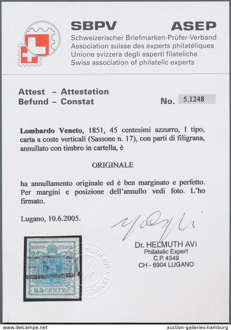 Österreich - Lombardei Und Venetien: 1851, 45 C Blau, Senkrecht Geripptes Papier, Mit Teilen Des Bog - Lombardo-Vénétie
