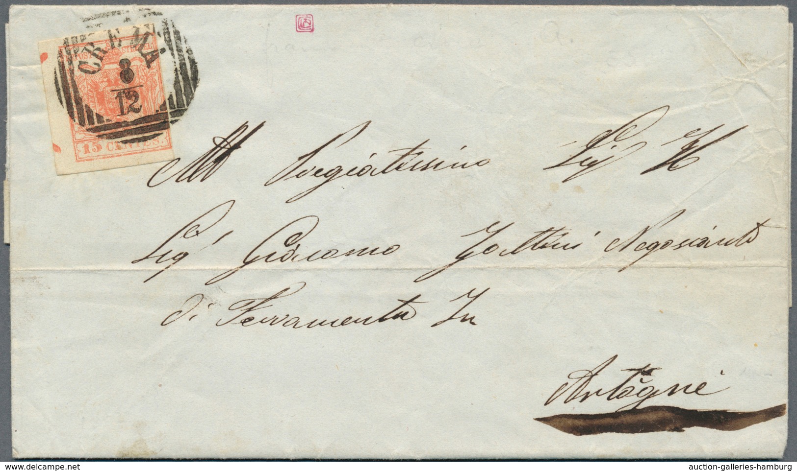 Österreich - Lombardei Und Venetien: 1854/1857, 15 C Rot, Maschinenpapier, Links Breitrandig Mit And - Lombardo-Venetien