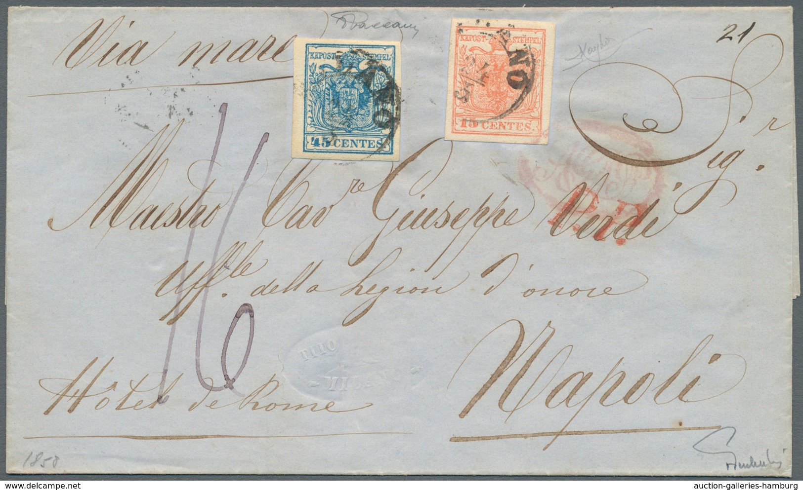 Österreich - Lombardei Und Venetien: 1850/54: BUNTFRANKATUR, Bestehend Aus Einer 45 Centesimi Blau, - Lombardije-Venetië
